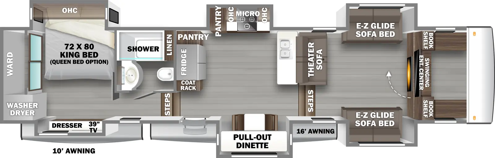 The 425FO has 6 slideouts and one entry. Exterior features a 10 foot awning and 16 foot awning. Interior layout front to back: swinging entertainment center with book shelves on each side, opposing e-z glide sofa bed slideouts, and theater sofa along inner wall; steps down to kitchen area; counter with sink along inner wall, off-door side slideout with cooktop, microwave, overhead cabinet and pantry, door side slideout with pull-out dinette, entry, and coat rack, refrigerator and pantry along inner wall; steps up to rear bedroom and bathroom; off-door side full bathroom with linen closet; rear bedroom with off-door side king bed (optional queen bed) slideout with overhead cabinet, door side slideout with dresser and TV, and rear wardrobe with washer and dryer.